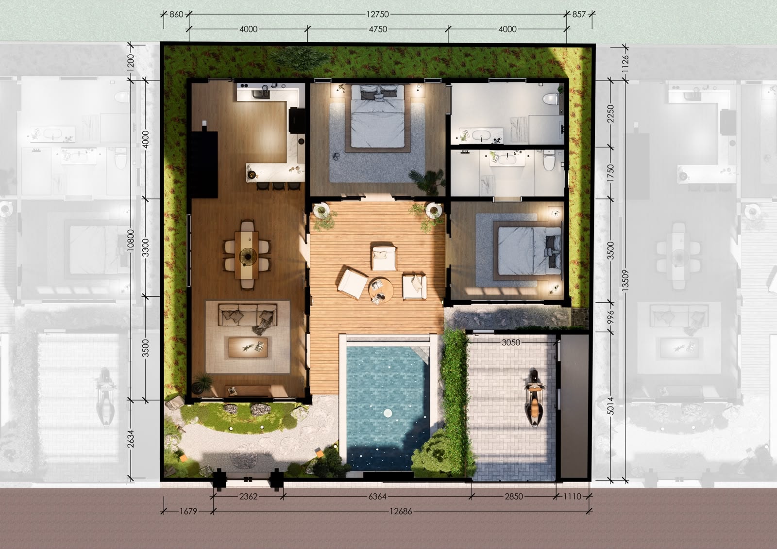 Ground-floor plan: kitchen, dining and lounge, two en-suite bedrooms, deck and private pool