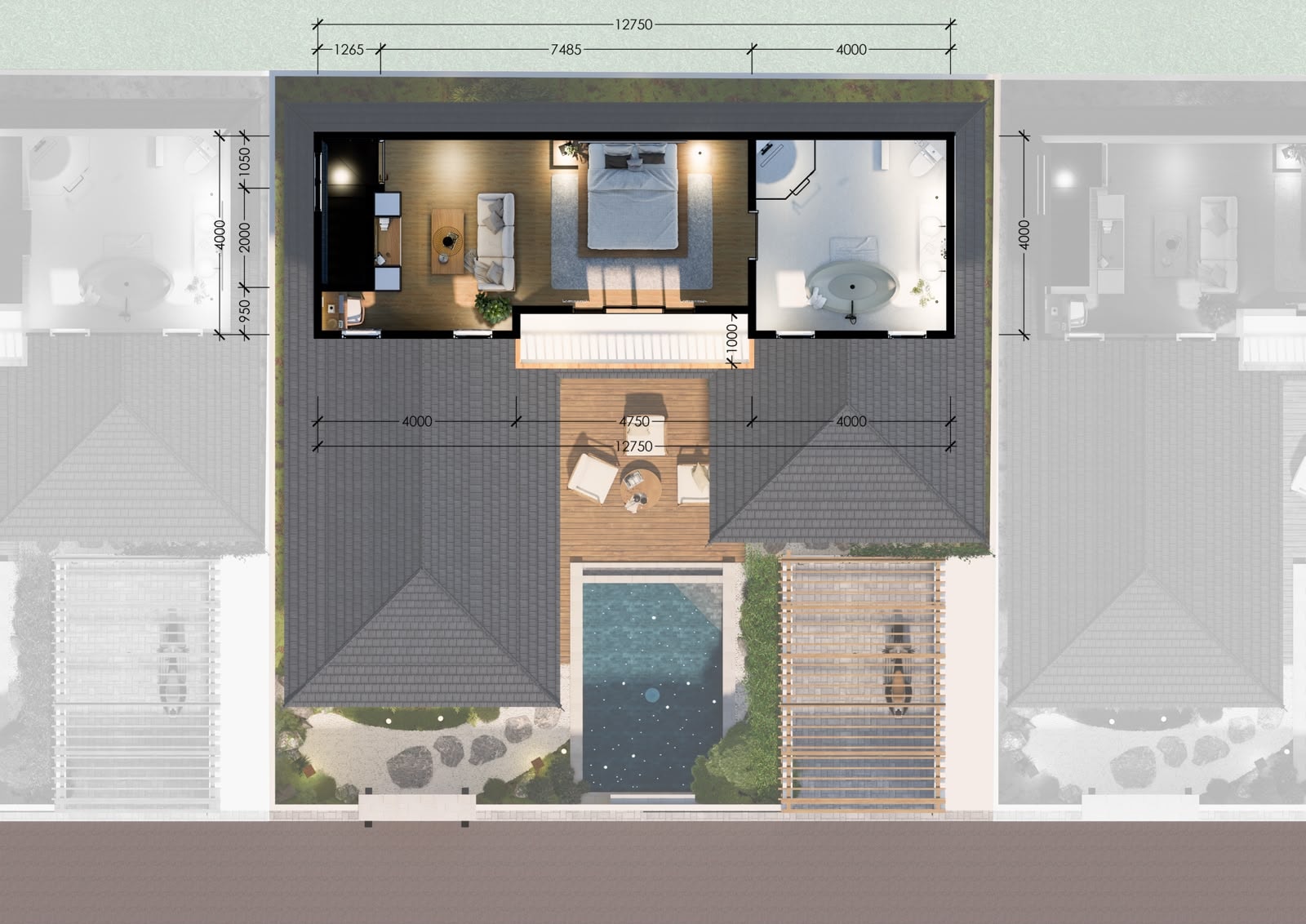 Upper-floor plan: master floor with private lounge, bedroom, balcony and en-suite with freestanding tub
