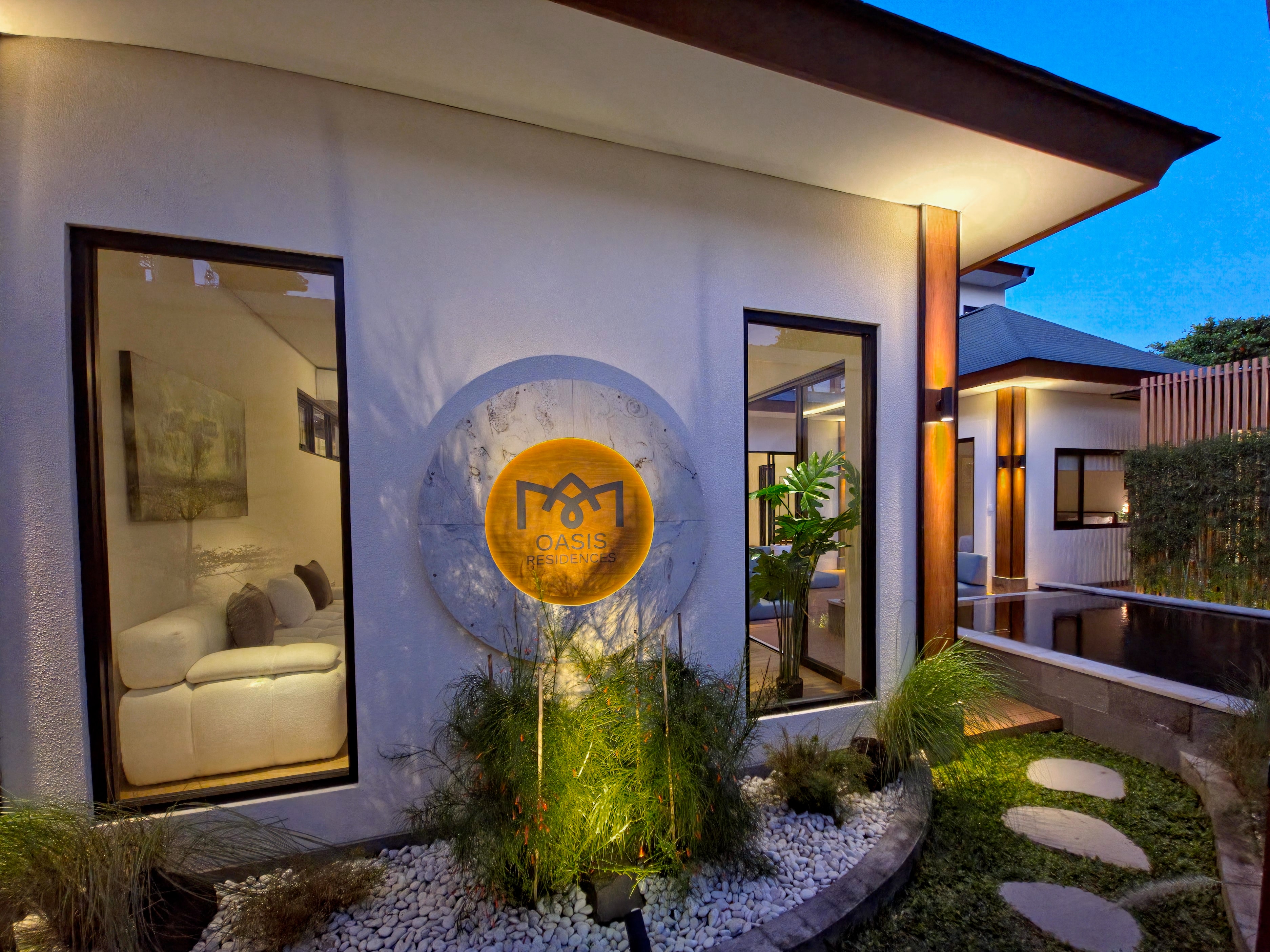 The villa entrance at blue hour.