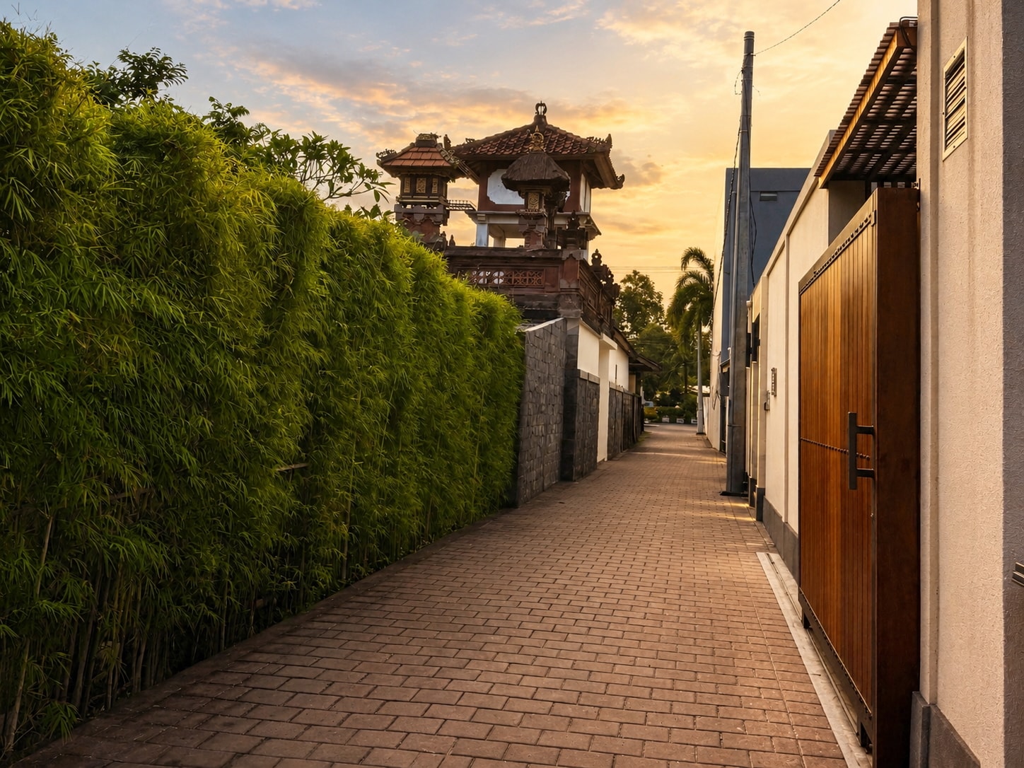 A quiet lane between a bamboo hedge and a timber gate, a temple roof beyond