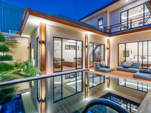 This modern villa features a private pool, lush garden, and a unique blend of Balinese and Japanese architecture.