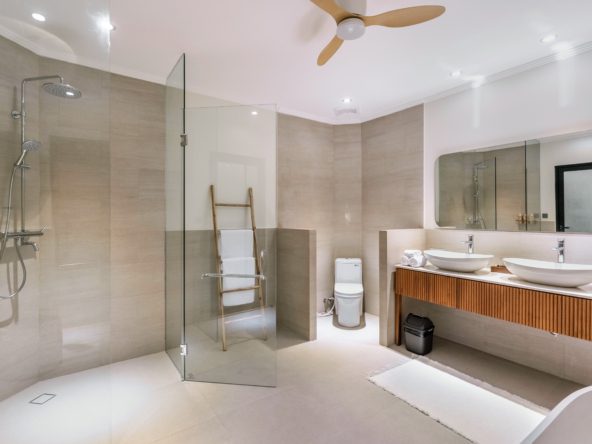 Beautiful private master bathroom with bath, shower and double sink
